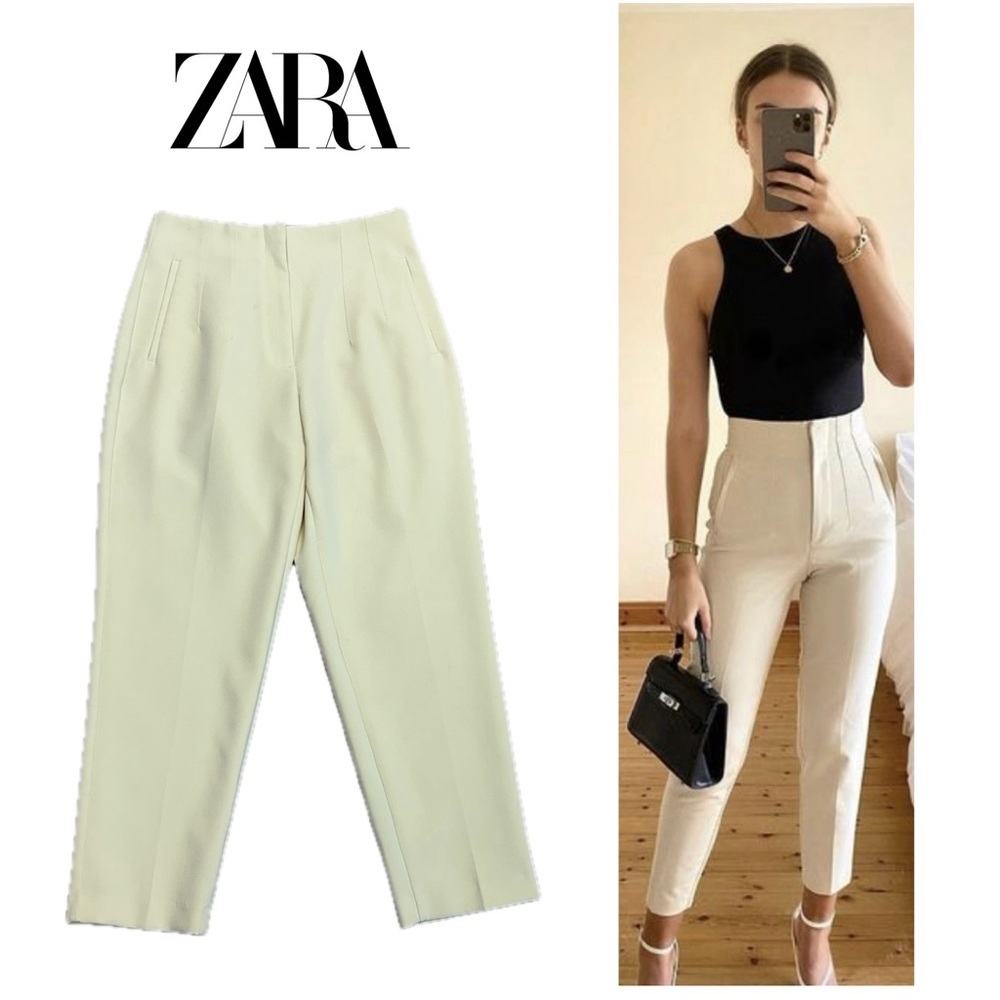 Zara light pastel yellow high waisted pronounced seam tapered ankle pants Sz L